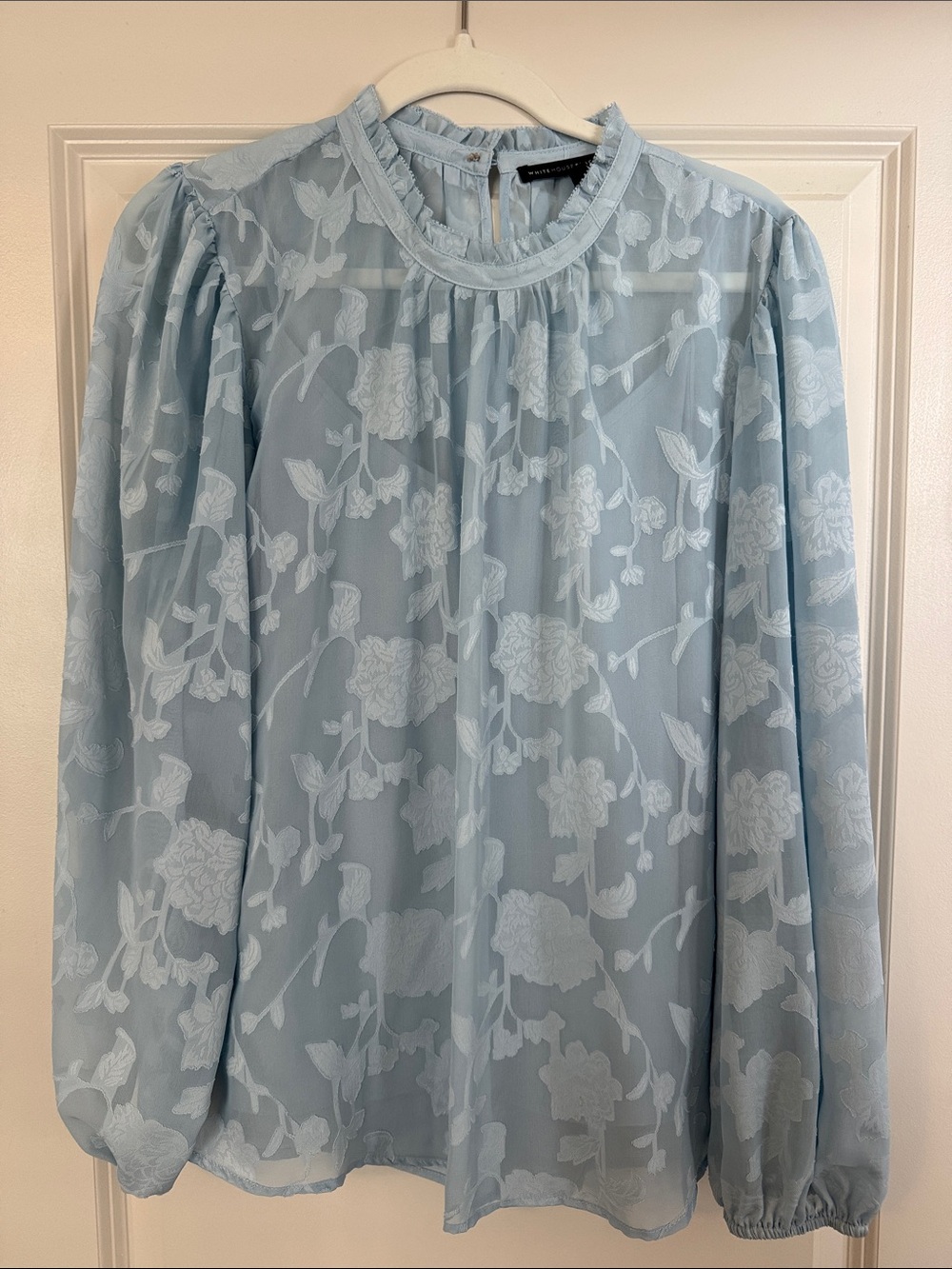WHBM Light Blue Floral Sheer Long-Sleeve Blouse with Built-In Camisole